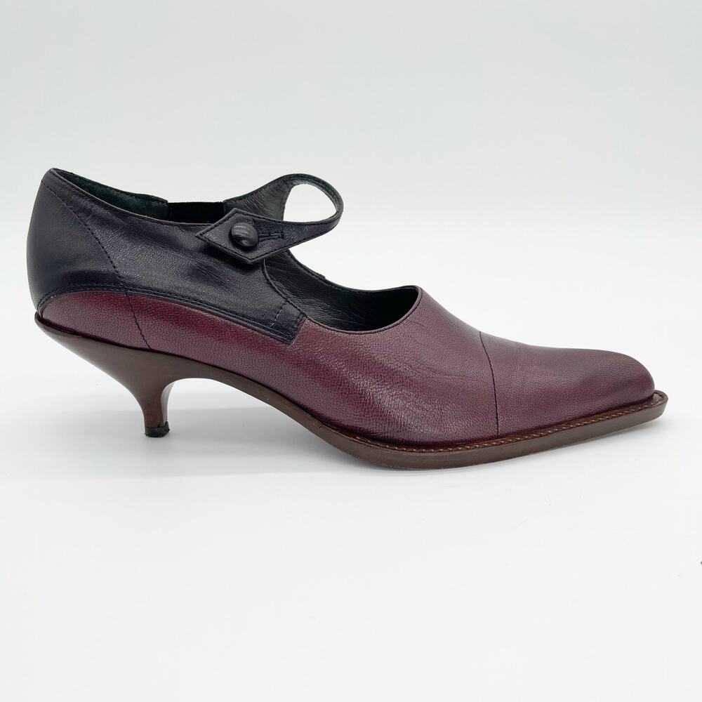 Miu Miu 90s Vintage Burgundy Black Leather Mary Jane Kitten Heel Pumps IT 37.5 - Picture 2 of 11